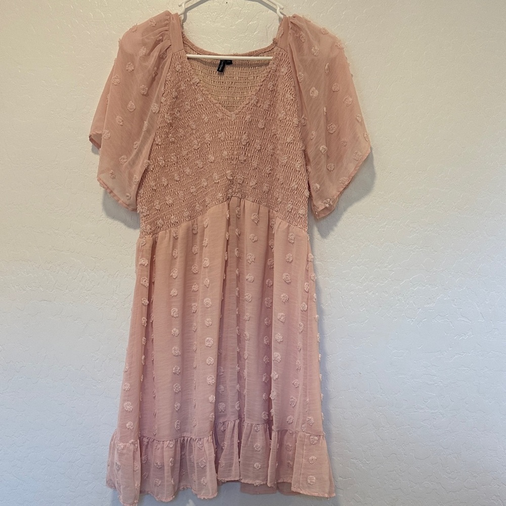 Zattcas Mini dress Womens XL Pink Smocked Flutter Sleeve Swiss Dot Babydoll